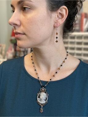 Hand Crafted Cameo Necklace with Brown and Black Crystals